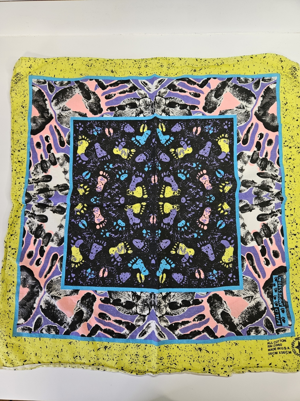 VINTAGE Neon Handprint Footprint Square Bandana Paris USA 21" x 21" 100% Cotton